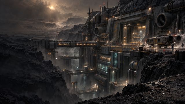 An industrial mining facility on a cliff in the Abandoned universe