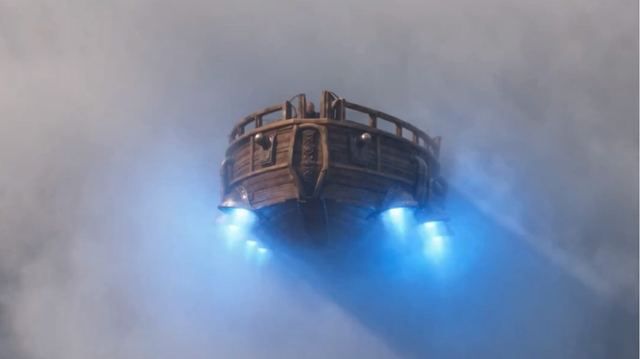 A flying ship drifting through golden fog in the world of Aevyr