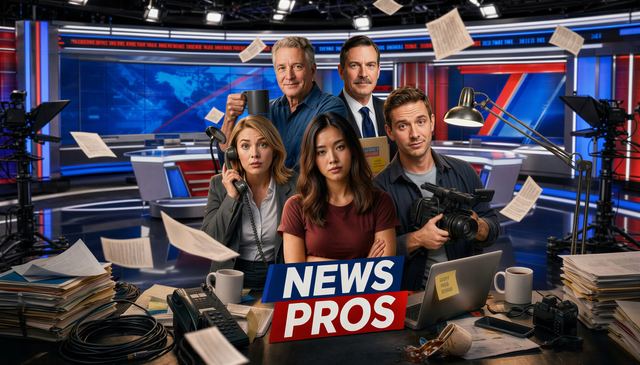 The News Pros cast at the news desk surrounded by flying papers